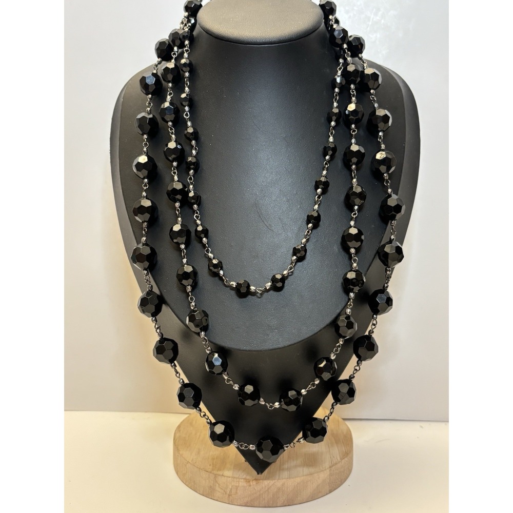 1990s Y2K Black Faceted Acrylic Bead Necklace 22" Triple Strand Goth
